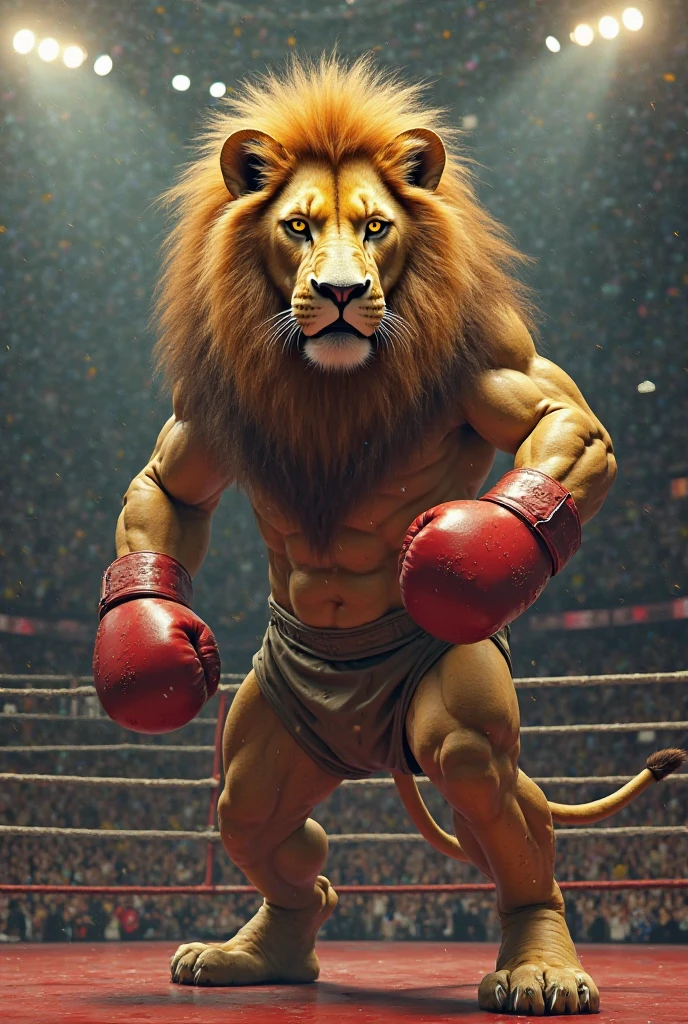 Lion with a pumped-up human body in the ring like boxing gloves. All bloody in his hands