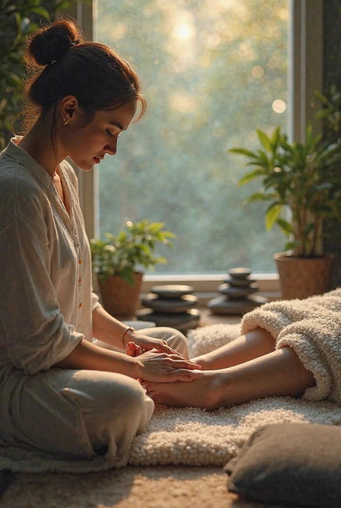Woman applying reiki to another woman lying down in an environment with sparks of golden light, a picture of the higher self, a lilac monkey.