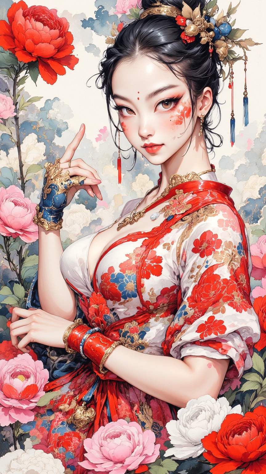 ((Highly detailed CG unit 8k wallpaper, masterpiece, High resolution, highest quality, highest qualityのリアルテクスチャスキン)), ((very beautiful woman, Nana Komatsu, Posing like a model:1.5, plump lips, semi-nude, Tattoos with Japanese patterns, tattoos all over the body)), (messy black hair, white skin, small breasts), ((and handle background, scrollwork, Sharaku, Colorful background with geometric patterns)), Sumi-e, hyper realistic, digital painting, concept art,