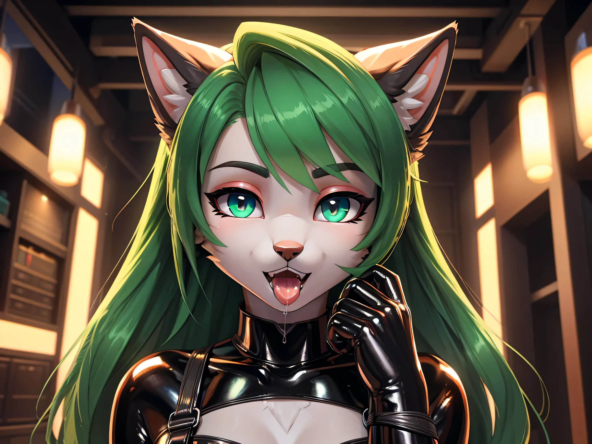 beautiful, (masterpiece), 最high quality, (extremely get used to it face), extremely get used to it eyes, perfect lighting, overall details, get used to it, deep skin, slicked back hair, long hair, green hair, type of eyes, slicked back hair, elbow bag, alone, looking at the viewer, one hand, verbal invitation, lifting shirt, saliva, saliva trail, latex suit, spy lady, wearing tight latex suits, high quality, Super high quality, Highly detailed CG Unity 8k wallpaper, High resolution, close up face, bondage suit, shiny bondage, cool girl, dog girl, cat girl