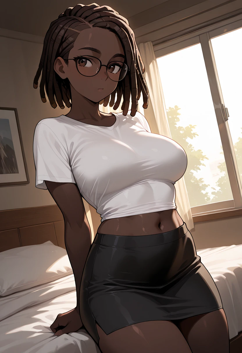 ((black woman with very dark brown skin)), ((curly hair)), short hair, ((pink hair)), ((hair without bangs)), neck-length hair, dark brown eyes, ((provocative smile)), sexy, sexy smile, ((small breasts)), very thin waist, medium glutes, ((gakuran with white buttons)), ((white leggings)), tight-fitting pants, standing, ((nails painted blue)) , best quality, masterpiece, beautiful, black skin