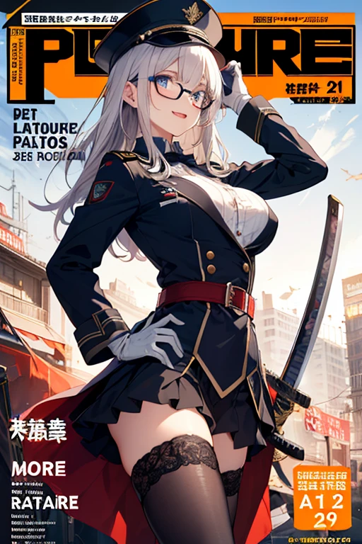 (from below:1.2),(Beautiful Allafed Woman),(((emphasizing breasts:1.0))),(Dynamic angles),(Dynamic and sexy bending pose:1.3),(sit a chair:1.3),(masterpiece:1.2), (Military uniform magazine cover:1.4),best quality,PIXIV,Sweet girl , sexy posture,1girl, (perky chest:1.2), rolling upskirt by wind:1.6, (with sparkling eyes and a contagious smile),open mouth, (pointed chest:1.2),fishnets, black hair, boots, long hair, black nails, skirt, shirt, solo, black footwear, bag, black skirt, jewelry, sitting, jacket, on head, black jacket, thigh strap, bangs, necktie, earrings, nail polish, white shirt, fishnet pantyhose, pantyhose, platform footwear, multicolored hair, looking at viewer, full body, bottle, own hands together, belt, jacket on shoulders, food, animal on head, black necktie, ring, choker, english text, collared shirt, blue eyes, platform boots, hat, cross-laced footwear, lace-up boots ,A scene of cooking in the kitchen
