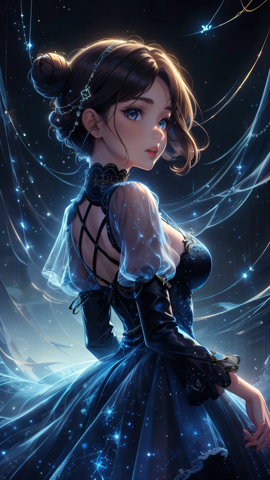 1girl, solo, dress, looking_at_viewer, brown_eyes, blue_dress, breasts, brown_hair, parted_lips, medium_breasts, constellation, long_sleeves, silk, star_(sky), lips, hair_bun, spider_web, looking_back, single_hair_bun, star_(symbol), upper_body, eyelashes, from_side, short_hair