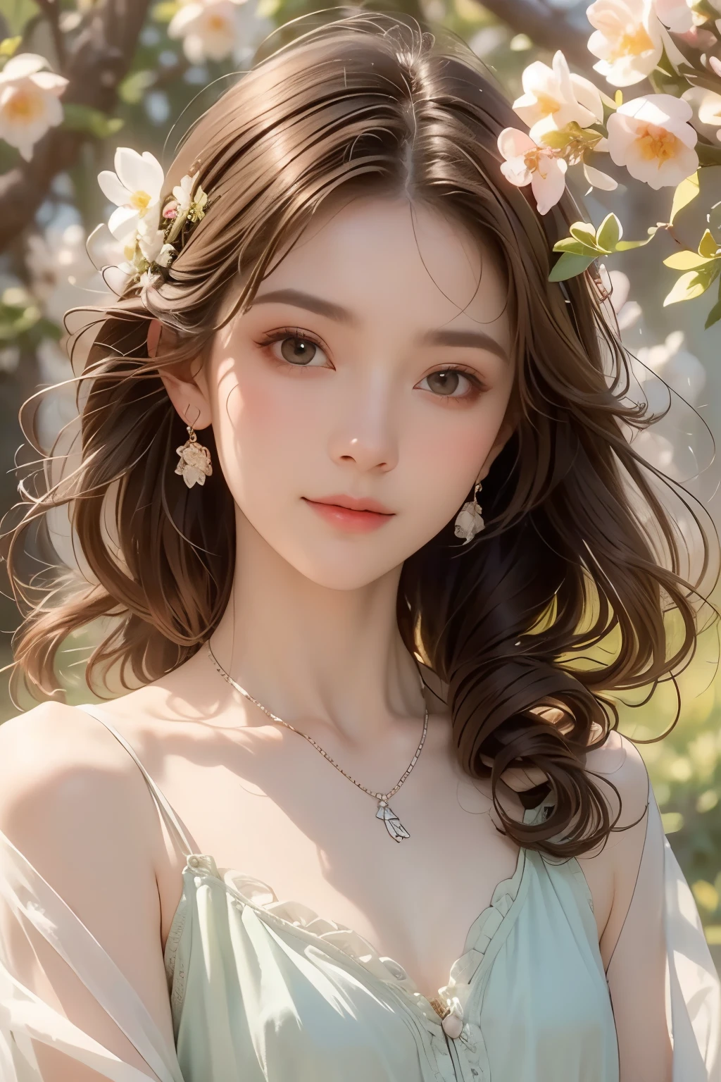 (detailed oil painting of a beautiful woman), rough touch, focus on face, (small smile with calm, kind and bright expression), ((silver grey brown almost straight medium long hair!)), ((close up)), shiny skin, glossy lips, ((casual pastel colored spring clothes)), (spring outfit), (smart figure), small necklace, soft spring sunlight, small spring flowers of various colors, young leaves on trees, striking portrait, use of contour, clean line drawing, fine and intricate details, bright primary colors used partially as accents, floral frame, Art Nouveau frame, Art Nouveau decoration, floral decorative panel, fine and intricate details, (Alphonse Mucha compositional style), muted colors, impressionist style, stress-free mixed media masterpiece, amazing!, beautiful!,