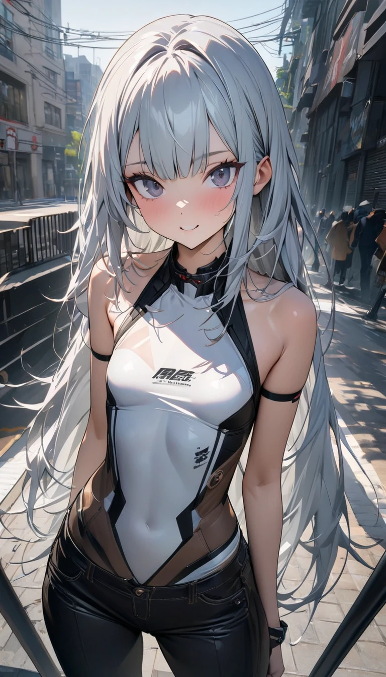 highest quality、Realistic、zoom、girl、Silver Hair、Light blue eyes、Long Straight Hair、Hero Suit、White bodysuit、Brown Skin、Black body、Dark skin、Black、slender、Sweat、smile、