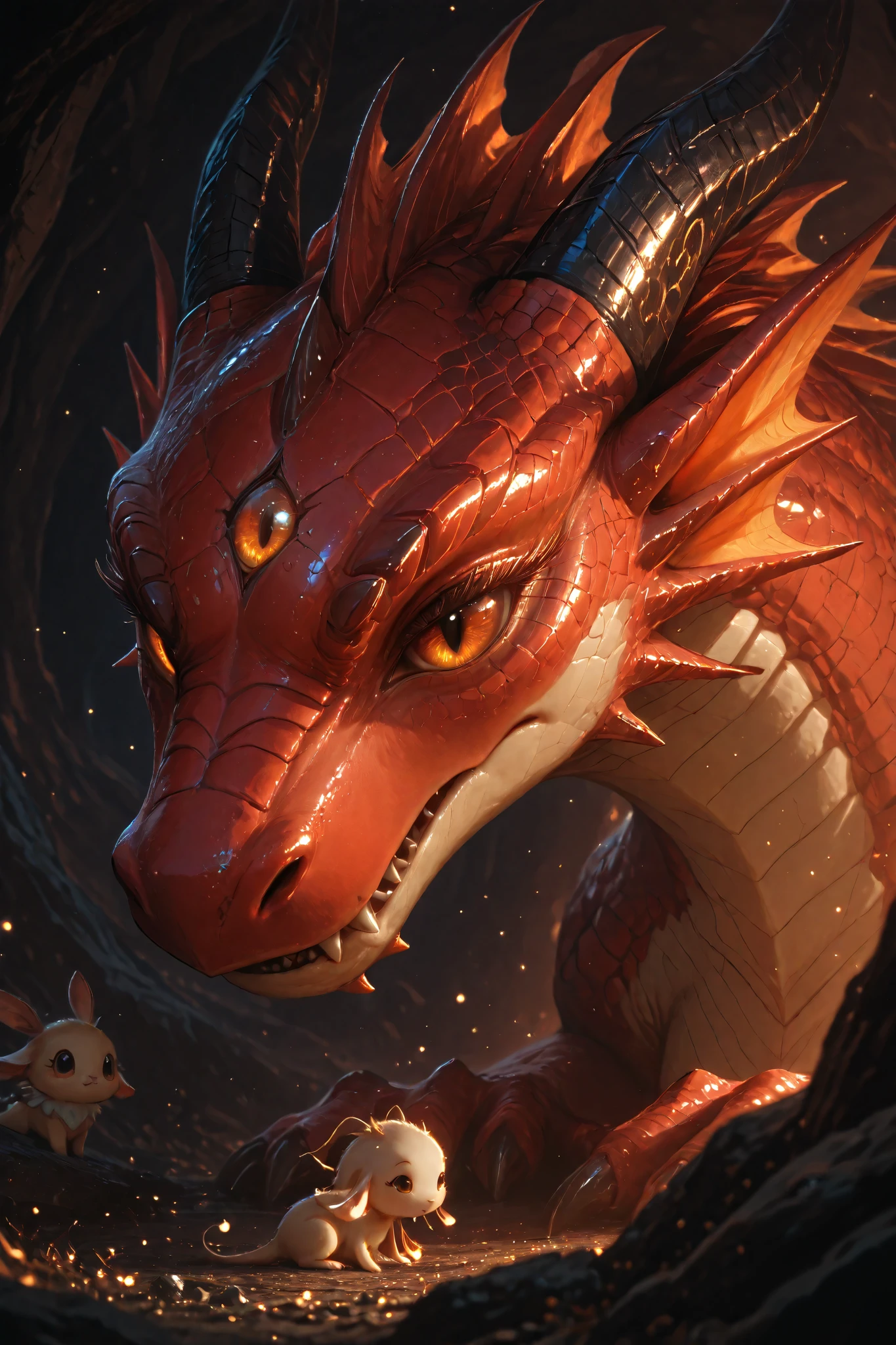 masterpiece、Highest quality,Dragon profile,((close-up dragon's eye:1.2)),the eye looks very little tiny fairies,very gentle expression of dragon's eye,the eye looks (little fairies) in foreground,the fairies are playing with babbles,in cave,fantasy world,dramatic light and contrast,usnr