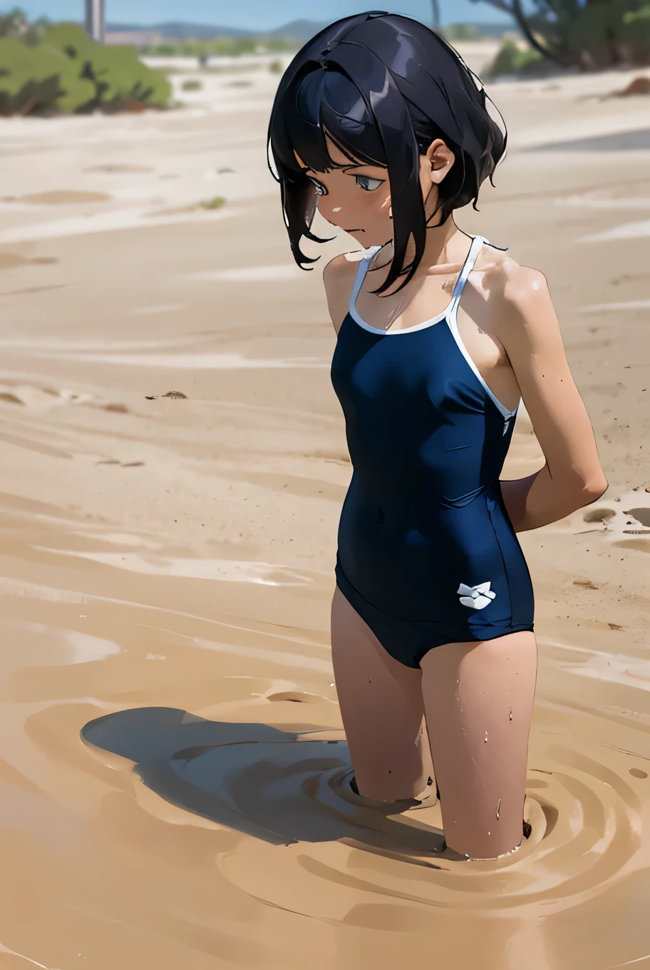 A girl in a piping swimsuit is buried in quicksand in the desert