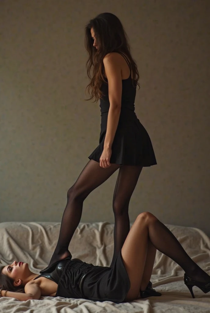 best qualityer)), ((work of art)), (detailded), a teenage girl is sitting on the face of a girl who is lying on the floor. real photografic, full vertical photo, stringkini, over the knee socks, high-heels, laced lingerie