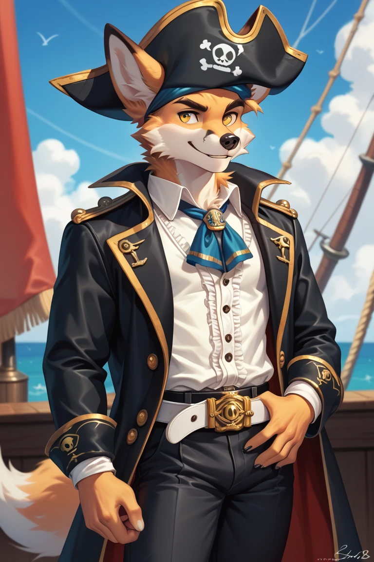 grainy, symmetric, upper body, bright colorful Navy blue eyes markings, furry male, body fur, anthro Fox, solo, Cartoon, (best quality, masterpiece:1), detailed, Super flat chest, Gray fur, Thicc thighs, Wide hips, Large butt, Calm face, wearing Blue Tunic with White accent, Monochromatic colors.