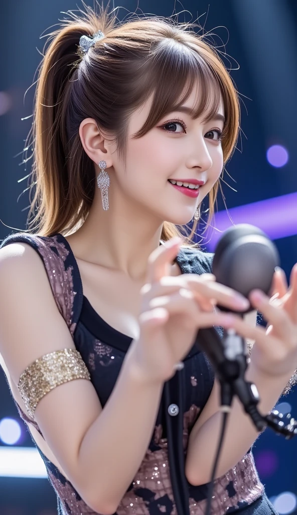 (Highest quality, DSLR camera, 8k, Highest quality, High resolution, Highest quality, Highest resolution, Very beautiful woman, Perfect anatomy), Bright brown eyes, Very bright brown eyes, Small diamond-shaped earrings, Looking directly at the camera, Beautiful brown hair, ((Baby face, Loose and cute medium ponytail)), Very short and beautiful bangs with brown hair, E-cup bust, Showing beautiful décolletage, Very beautiful 20-year-old, Lip gloss, Smiling very happily, Very cute smile, Upper teeth, Beautiful teeth, (Chic and stylish music stage as the background only), Slightly larger eyes, Small face, Tall supermodel, Beautifully shaped model, Holding a microphone and dancing and singing in random cool poses, Dynamic angle, Eye focus, Head tilt, Very detailed and realistic, Very beautiful 20-year-old, ((Medium shot)), Sharp jawline, ((Sophisticated K-POP idol outfit)), Deep waistline, Sexy legs, Side view, Smiling very joyfully, Laughing, Summer daytime

