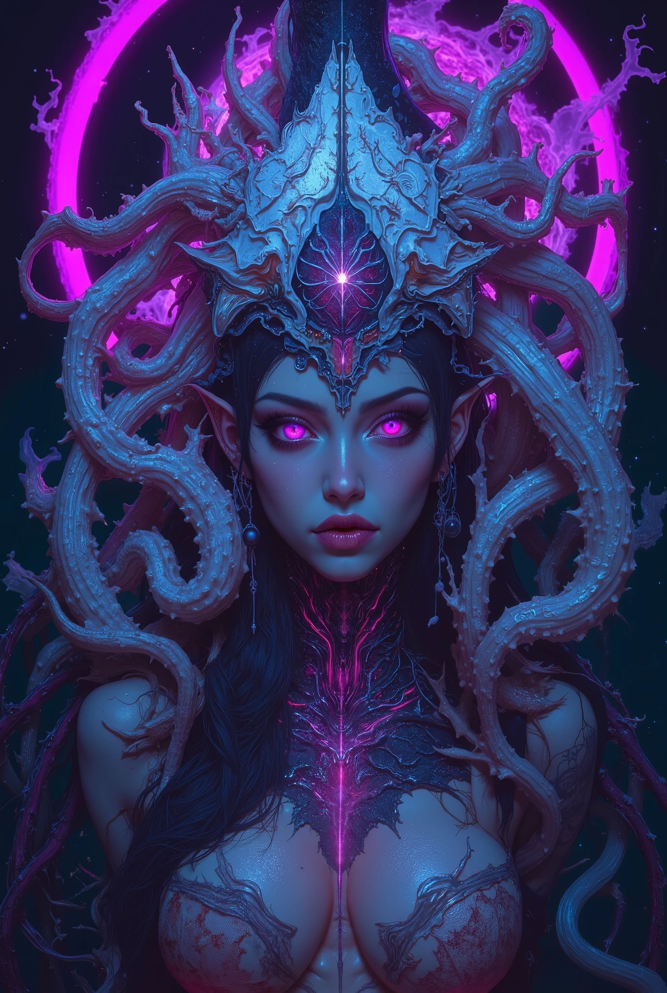iridescent eyes, scary and sexy detailed art in color, Portrait, (beautiful and obscene female alien:1.4), (vulgarity1.7), (Translucent white skin:1.4), (There is a female genital-like organ in the middle of the forehead:2.3), (The most beautiful face in the history of the universe:1.2), an evil gaze that seduces, (sharp teeth like a vampire:1.0), Full body portrait, (bio luminescent:1.2),(Lots of translucent tentacles:1.3) , Vivrant Colored, Neon Colored, in the deep sea