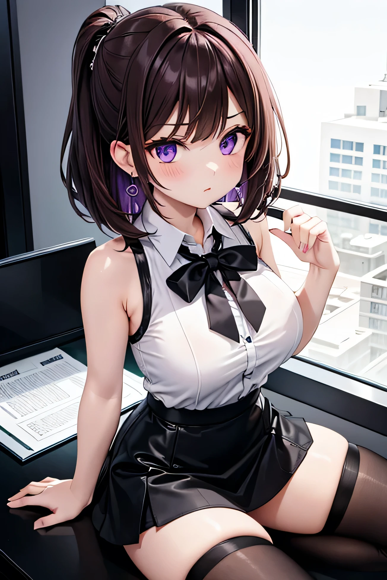 juri han,evil smile, work of art, tight white secretary shirt with black tie, black high waist skirt, short skirt, black hair, black tights, evil smile, office, bangs in the eyes, lighting, hair horn, vision of up, looking up, evil smile, sitting on an office chair, legs crossed