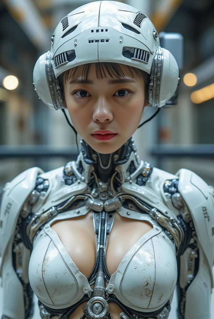 (The cyborg:1.1), (femboy:1.7), (RoboCop :1.4), (Suki Waterhouse:1.2). (face portrait:1.0). Lexx , Mass Effect , Galaxina, Terminator, Metropolis. (masculine body:1.6). (She is entirely made from plastic and aluminum). (simple mechanical engineering:1.5). (neatly drawing all mechanical parts:1.6). (neatly drawing eyes:1.5), (Garson short haircut:1.5), (open helmet:1.4), (arms behind back:1.5). articulated metal arms, unhuman articulate cybernetic face. there are metal inclusions on her face. unhuman gaze. (identical unhuman cyborg's optical sensors:1.4). (her body is made from polished aluminum and translucent white plastic:1.4). beautiful perfect face, perfect articulate hands with five perfect articulate fingers. very sexy. mechanistic design, cyberpunk, (causing sexism). (cyborg's fingers:1.3). (enhanced image quality:1.5), (sharp focused photography:1.5).
