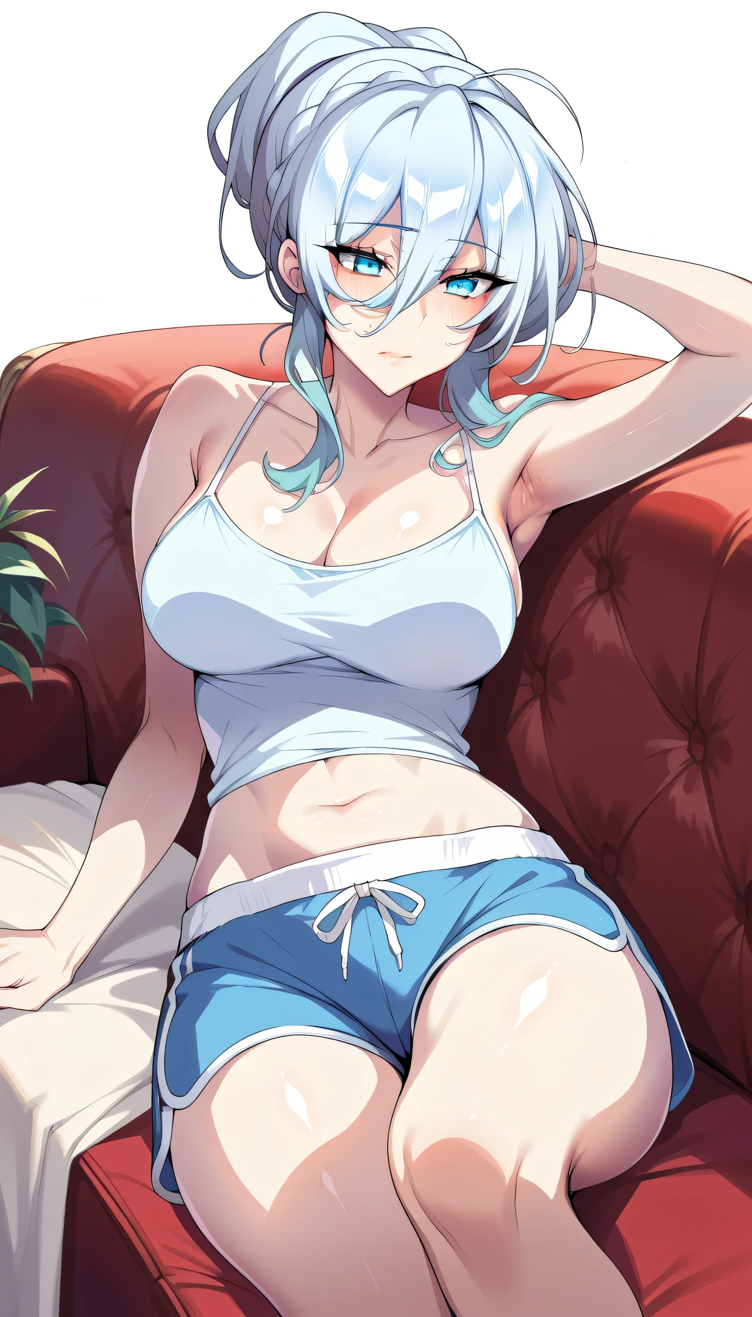 score_9, score_8_up, score_7_up, score_6_up, score_5_up, score_4_up, just describe what you want,yuki ona yukino, mature women, long hair, bangs, blue eyes, hair between eyes, blue hair, ponytail,(medium breasts,( spaghetti strap, crop top overhang, cleavage, dolphin shorts,) (masterpiece best quality:1.2), delicate illustration ultra-detailed,) BREAK, laying down on sofa, showing armpit