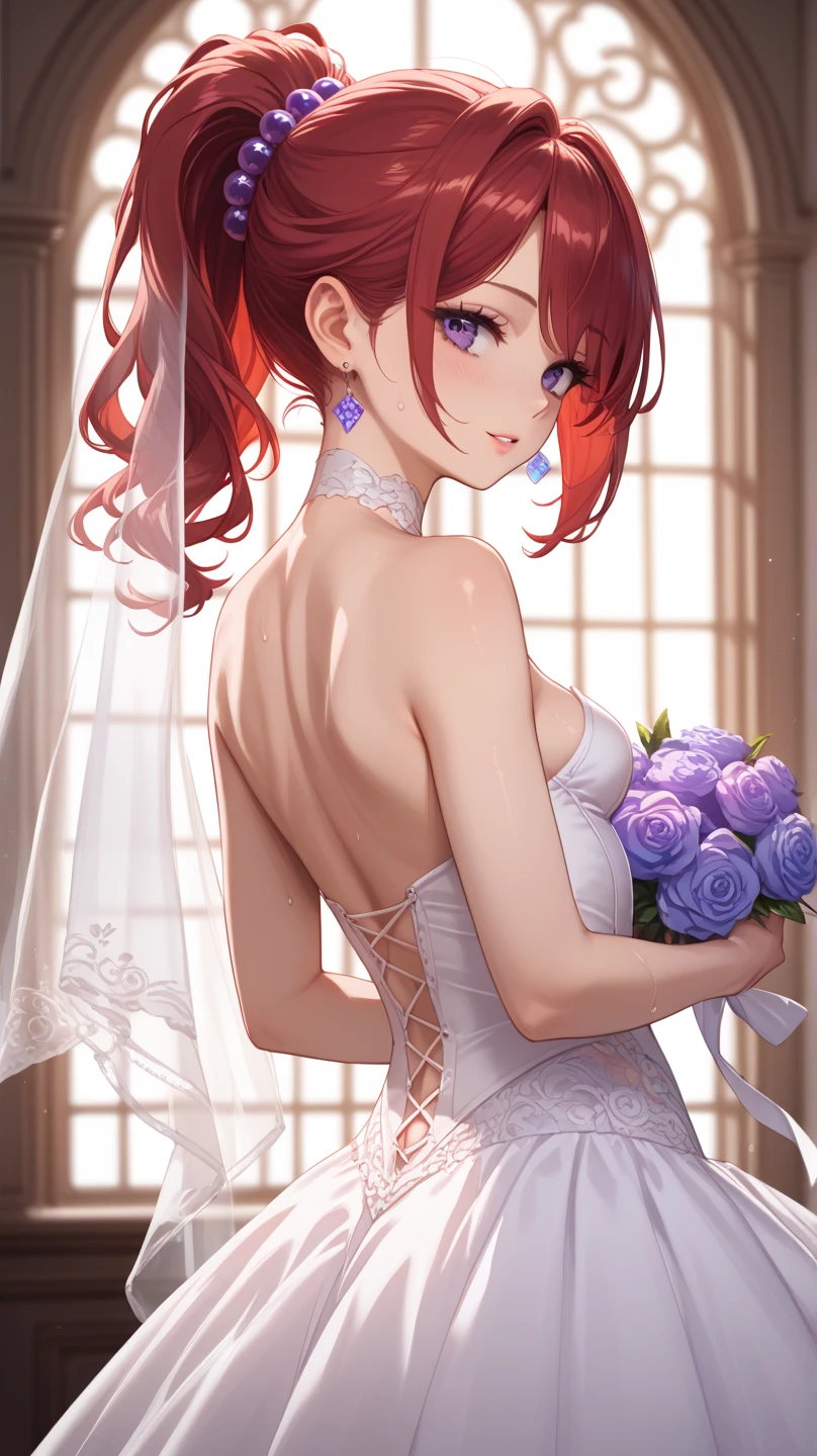 1girl, solo, wedding dress,from behind, <lora:ButtCrack:1>,<lora:char-madoka:0.85> ,purple eyes,