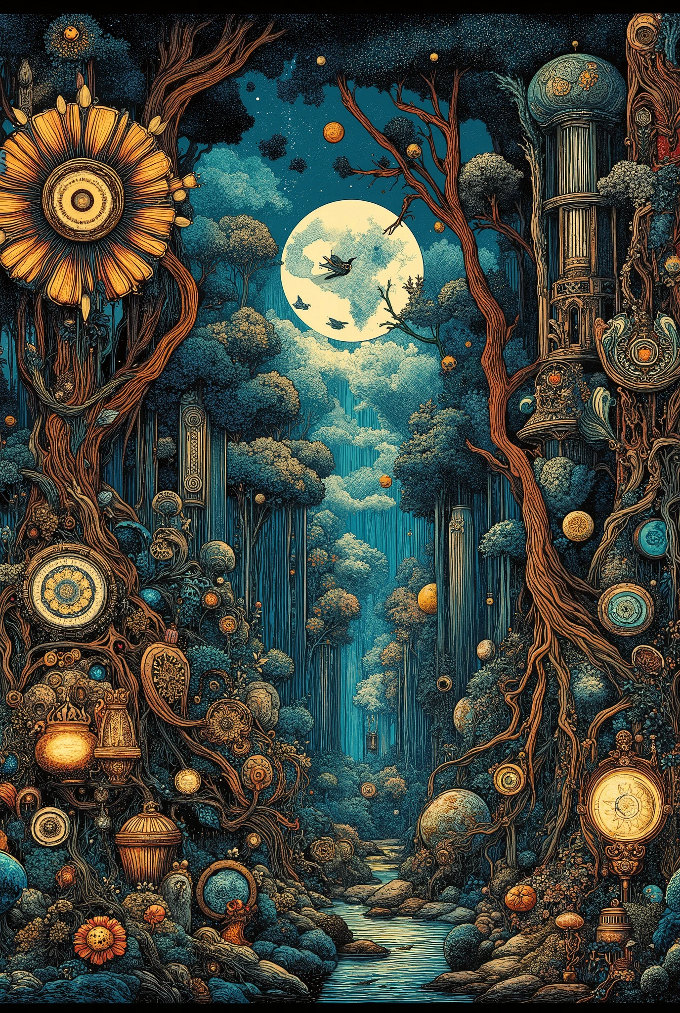 A woman's face peeking out of a dense thicket. Stylization. Intricate details, bright colors, surreal art, fantasy, digital painting, high detail, spectacular lighting, Art Nouveau elements, ornament, leaves, blue and gold accents, mysterious, elegant style of Ingermanlandic art.