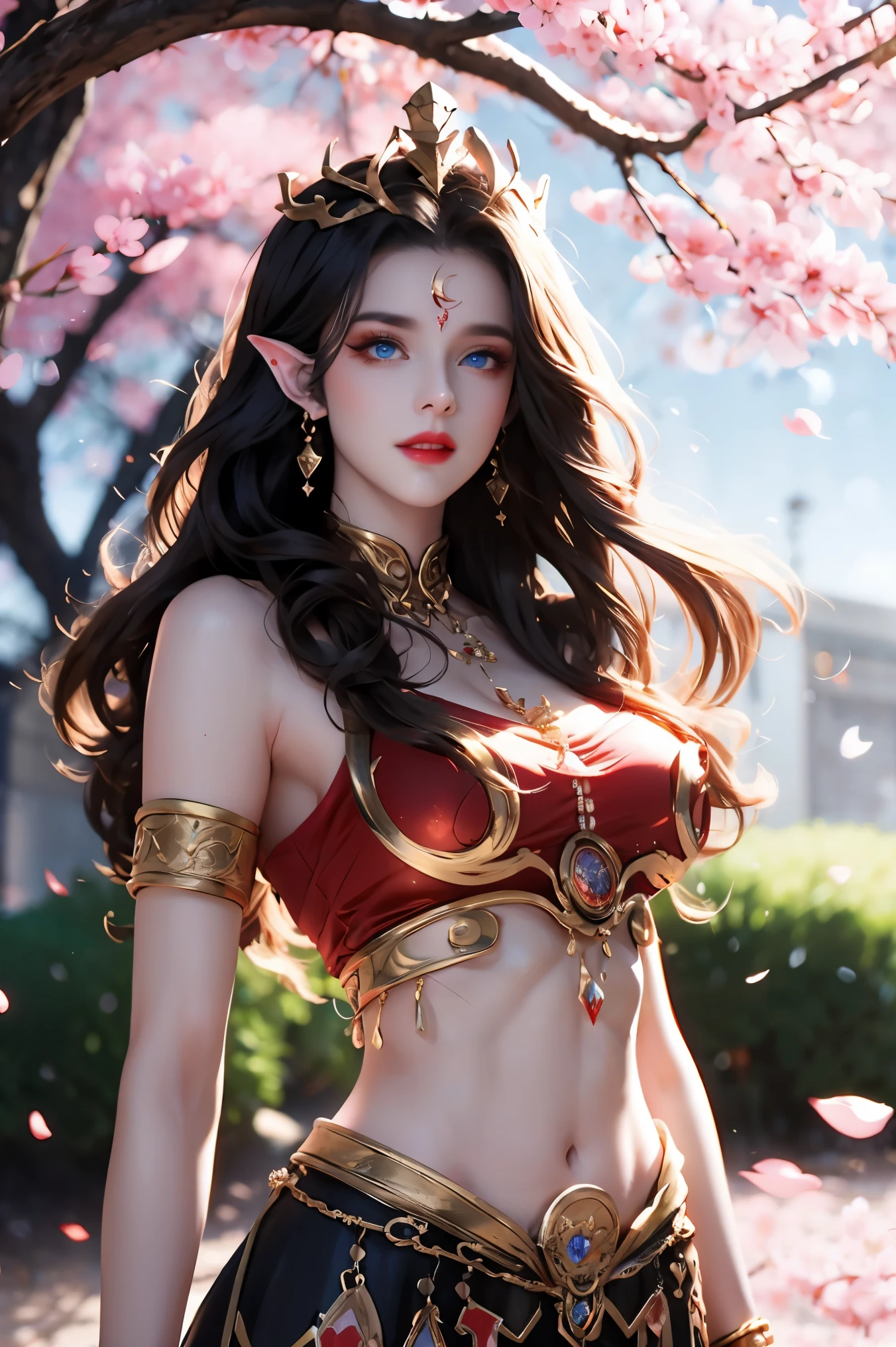 One 20 year old girl, breast 1.1, navel,upper body,bare shoulders,wears red tube top,red skirt, blue gems,shiny skin,hand in own hair,(mature female),milf,cai lin, deep blue eyes, jet black long hair, 8k resolution high quality,background: around the garden surrounded by Sakura trees with fluttering sakura petals, from head to thighs, hourglass figure, bare round shoulders, exposed midriff, a tilak on her forehead,ornamental logo on her forehead, snake crown, necklace, earings with blue gem, long black hair bangs, pointy ears,golden bracelet,Bright lightening under the sun through sakura canopy. High quality 16k resolution,( HDR :1.5), cinematic look, ultra-detailed,ultra lightening, (photorealistic :1.2), long thin straight eyelashes, dense black eyelashes,sharp eyes, diamond shaped head, straight nose, closed heart shaped lips, lean in pose
