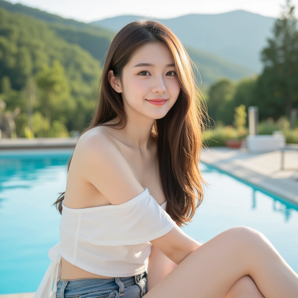 High resolution, masterpiece, highest quality, Ultra Definition 8K Wallpapers, very clear, Majestic panoramic view:1.3, (detailed beautiful face):1.2, Bashful Expression, Wearing a natural smile), (Sun-kissed blonde)hair, Wavy long hair, (red)tank top, , 1 girl, alone, Surrounded by lush greenery by the riverside, with sunlight sparkling on the water surface, Sitting by the river, with feet dipped in water), exuding confidence while looking directly at the camera
