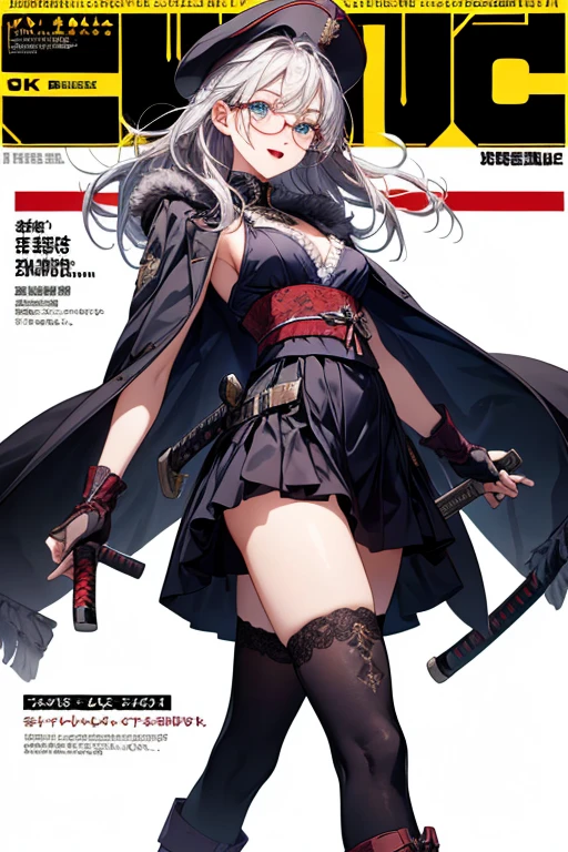 (((character design))), ((UHD, High details, masterpiece)), (mature woman, butcher), (fancy appearance, simple clothing:1.2), blonde pixie with a long ponytail, ((black suit, large black leather apron, red high heels wielding a meat cleaver)), (standing tall in with a stern smile), (((white background)))