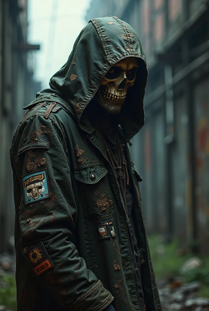 8k, Masterpiece, Eye-level viewpoint. Skeletal character. Glowing blue eyes. Yellow hooded jacket. Patches. Embellishments. Black pants. Skull knee details. Sturdy black boots. Orange laces. Backpack. Long dark hair. Grungy urban background. Graffiti. Decaying concrete. Rubble. Cyberpunk. Streetwear. Horror. Dark fantasy.