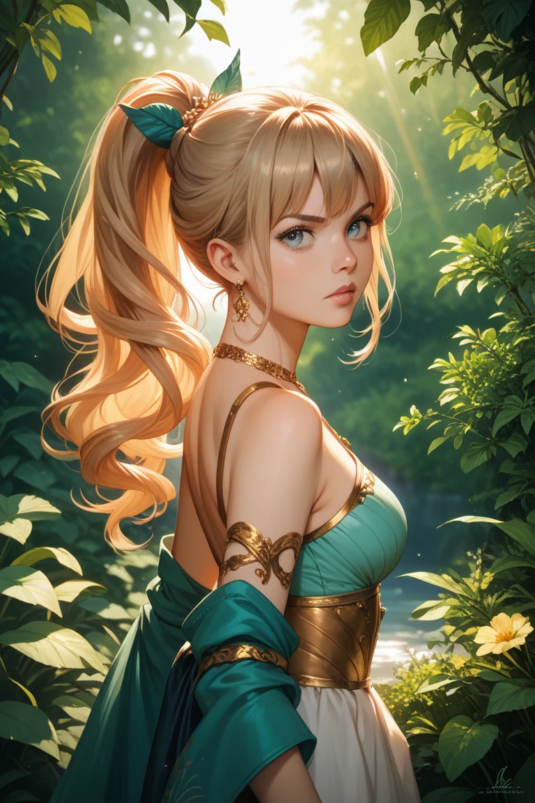 Long blonde hair, noble clothes, princess robes, beautiful woman, laughing, burnt yellow dress, tight white blouse, golden belt, lilac blouse, large breasts, curvy woman, thin waist, thick legs, female boots of burnt yellow color, golden necklace, light blue colored eyes, burnt yellow skirt, forest with animals, fantastic creatures around, fantasy scenery.