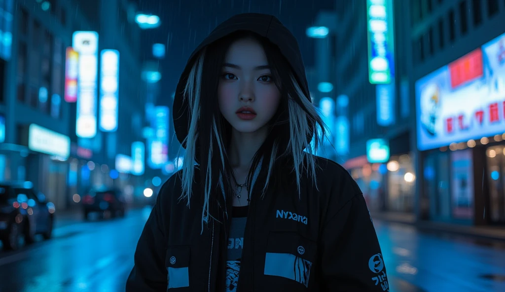 1 Girl,Solitary,((Beautiful and delicate eyes)), (Detailed lighting),Depth of Field,Silver Eyes,look back,night,Starfall,rain,Thick fog,In the middle of the night，Put on a baseball cap，Solitary，Walking in the street，Background shadows