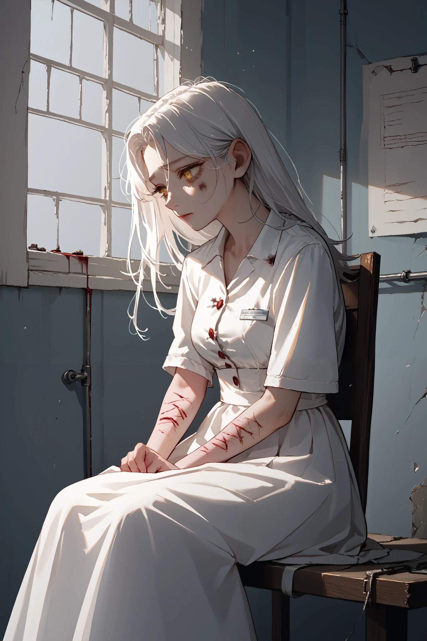 1girl, white long hair, green eyes, green pijamas, blood, scary, tears,