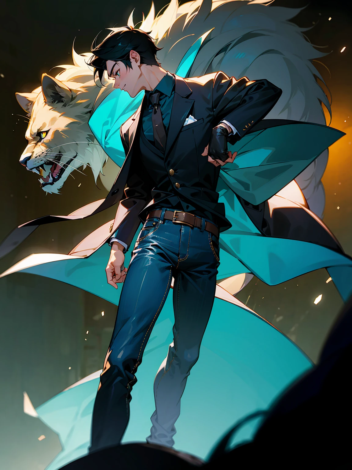 HD clear, best images, illustration quality, super detailed, a handsome teenager sitting cross-legged on the ground with a giant boar ghost behind him