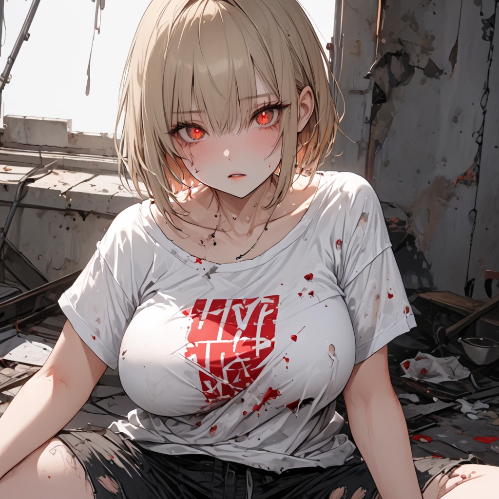 Golden hair, golden eyes with black pupils, woman , big chest, motorcycle goggles, sweaty, focused, working on vehicle, laying down on back, dirty, garage, zombie apocalypse, tattered black streetwear, highly detailed, perfect eyes, well defined eyes, highly detailed eyes, expressive eyes, best quality