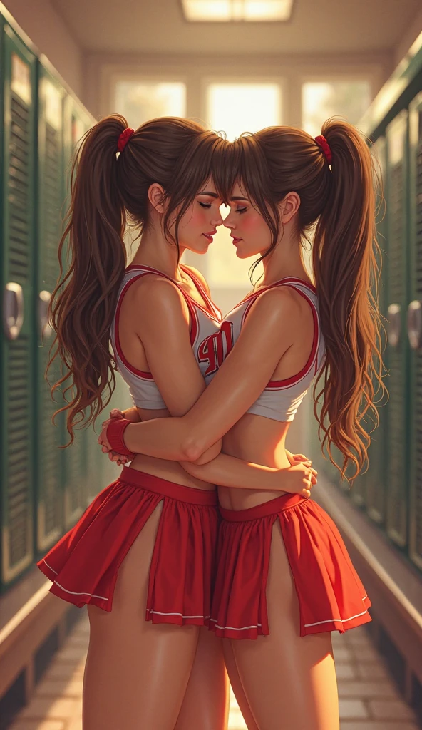 extremely detailed picture of 4 cute cheerleader girls kissing in short skirts showing panties