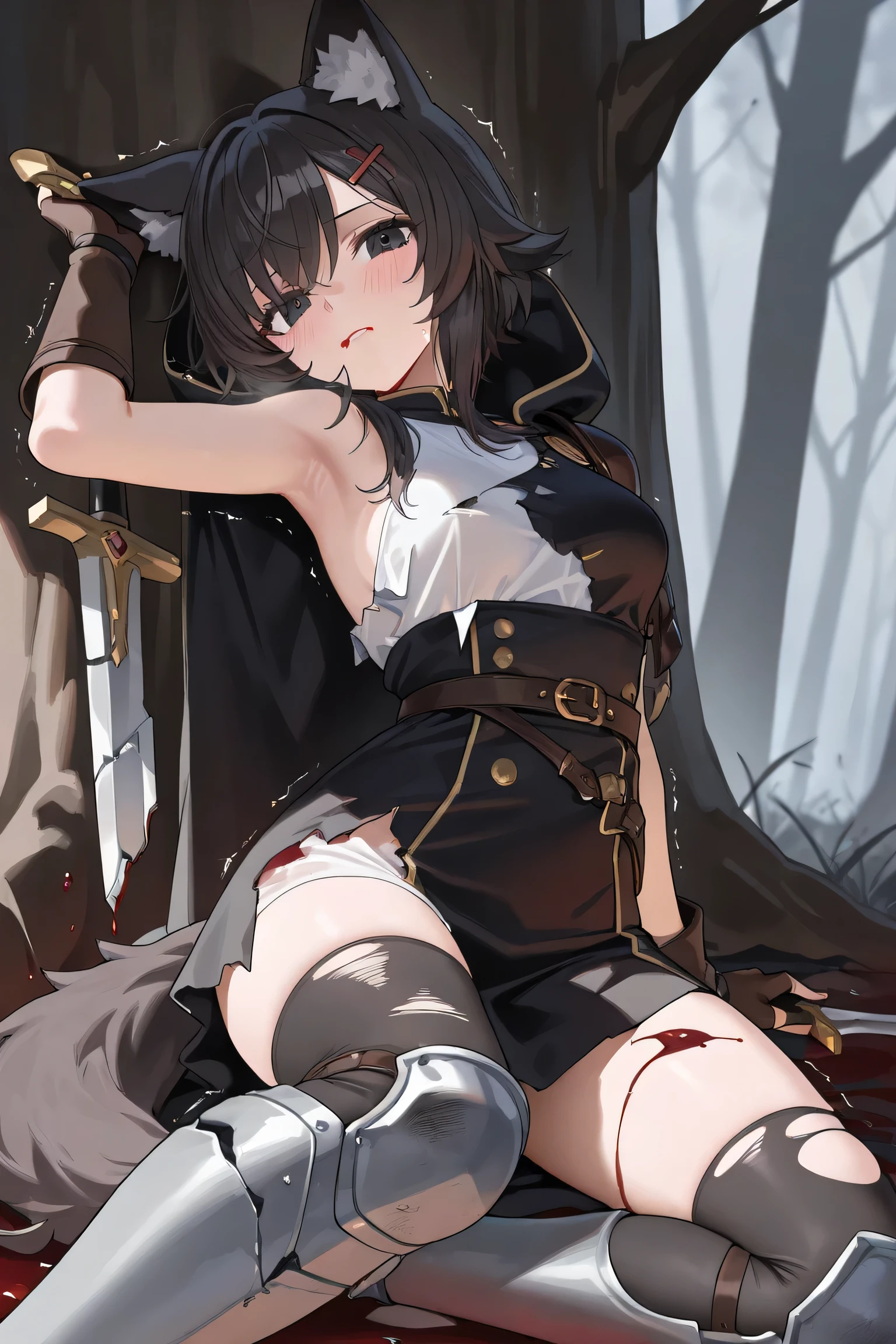 ((blood droplets)), ((blood)), ((blood splatter)), ((blood on clothes)), ((blood stain)), Masterpiece, Beautiful art, professional artist, 8k, art style by sciamano240, Very detailed face, Detailed clothing, detailed fabric, 1 girl, View from above, asleep in the fetal position on the floor, perfectly drawn body, legs open, (very big breasts), dead expression, lifeless, pale skin, beautiful face, short black hair, Closed eyes, pink cheeks, glasses, choker:1.6, (white collar button down long sleeve shirt), black gloves, gloves that cover hands, (holding an ax in his right hand), (black leather corset), (shiny black leggings), Sensual Lips , evening de invierno, Dark road, dark forest, evening, Atmosphere, fog