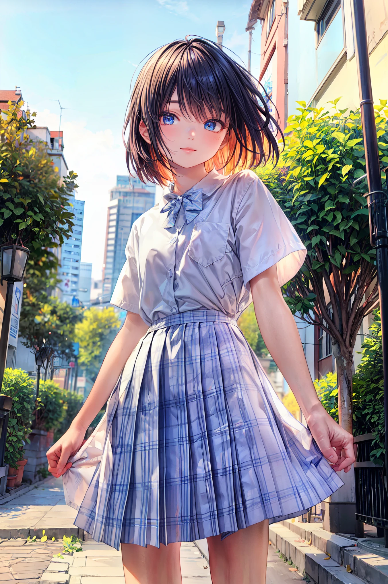 turn around，(child)，（masterpiece，Top quality)，Light Grape Pleated Mini Skirt，White rucksack，short sleeve，black hair，Summer Classroom，Lakeside
