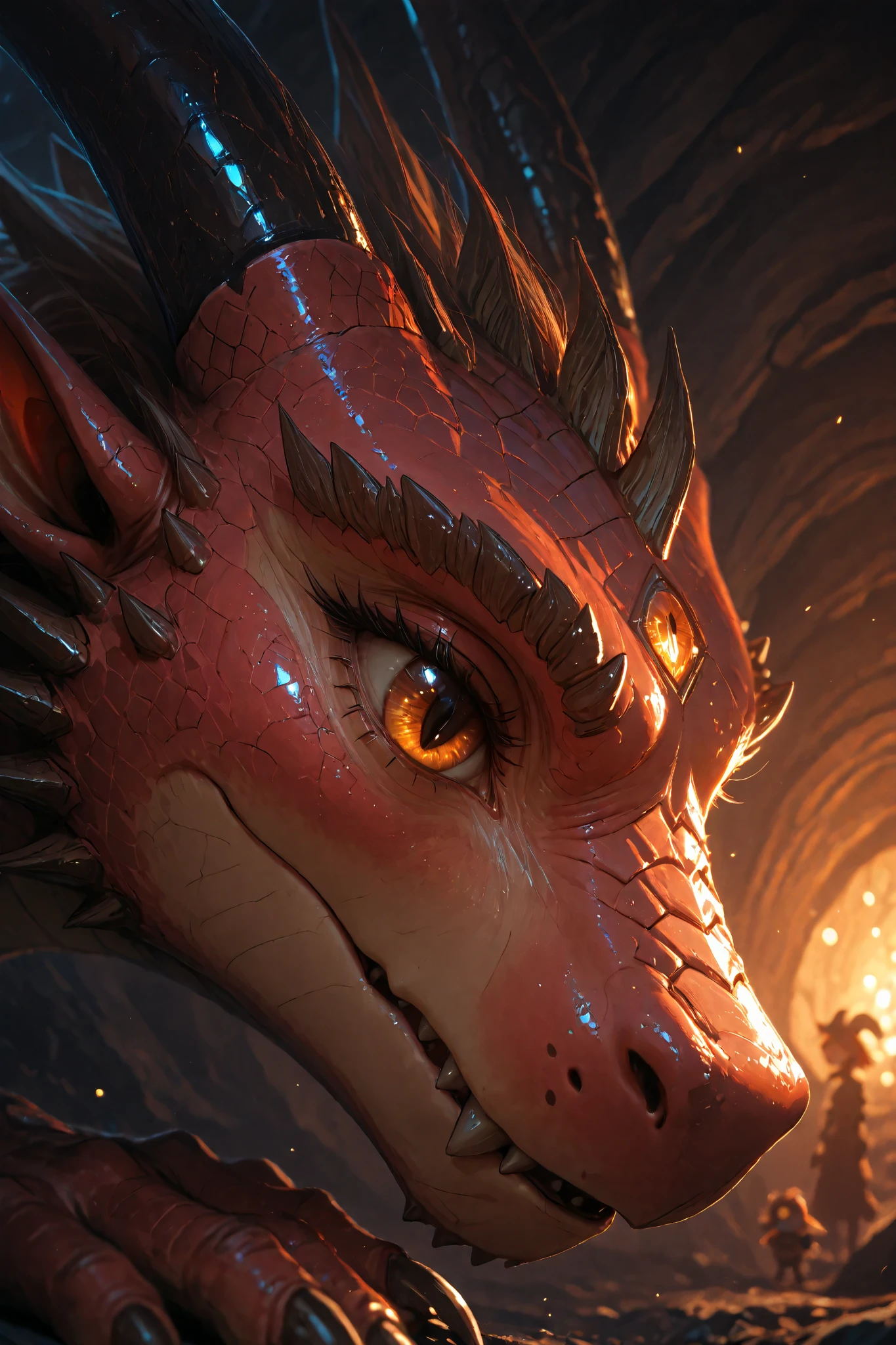 masterpiece、Highest quality,Dragon profile,((close-up dragon's eye:1.2)),the eye looks very little tiny fairies,very gentle expression of dragon's eye,the eye looks (little fairies) in foreground,the fairies are playing with babbles,in cave,fantasy world,dramatic light and contrast,usnr
