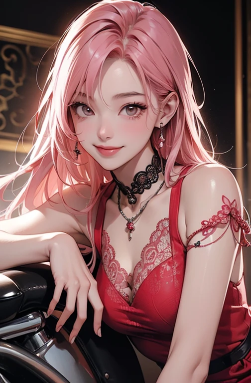 Surrealism, 8k, super detail, UHD, retina, masterpiece, super detail, high details, high quality, best quality, highres, 1080P, HD, 8k, Masterpiece, Score_9, score_8_up, perfect anatomy human, anatomically correct, 1girl, scrunchie, cute, sweet, lovely, long hair, double bun haircut, blunt bangs, pink hair, pink eyes, goth girl, scar, scar on face, annoyed, v-shaped eyebrows, evil smile, fangs, blushing, chain necklace, chain, ear piercing, piercing, armlet, thighlet, small breasts, bunny girl costume, rabbit ears, armpits, standing, open legs, sexy, cowboy shot, bedroom background