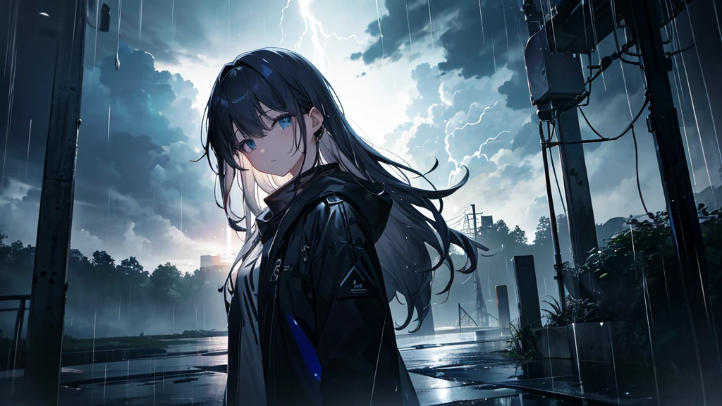 A girl, Thunderstorm, Dark realistic Sky
