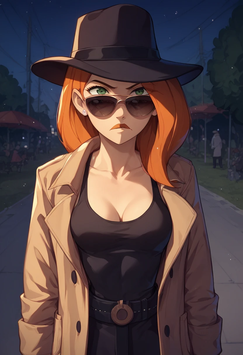 score_9, score_8_up, score_7_up, source_ cartoon BREAK 1 girl , ID, throw, Kim Possible , orange hair, sunglasses, Fedora, Fake mustache, medium chest, perky breast , overcoat, Night in the Park, outdoor, , disguise, secret worker, Kimberly Ann Possible, above Decorati has , trench coat, spy, watching viewers, cowboy, shots, close up of ID, rating_safe