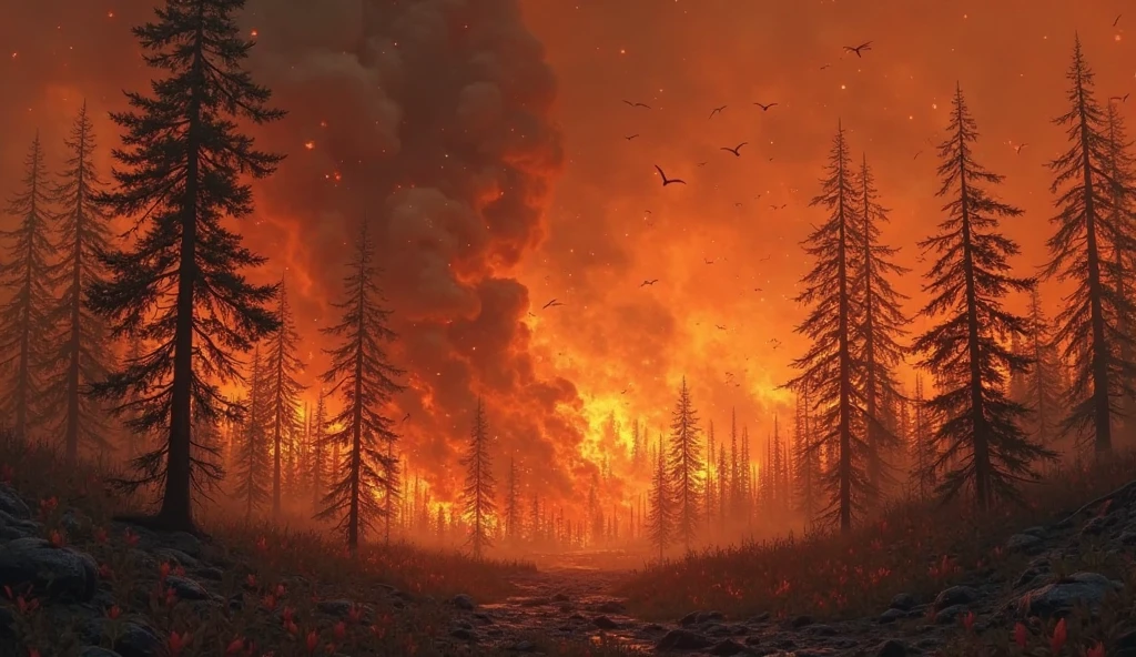 A fiery forest engulfed in flames, with trees crackling and glowing ...