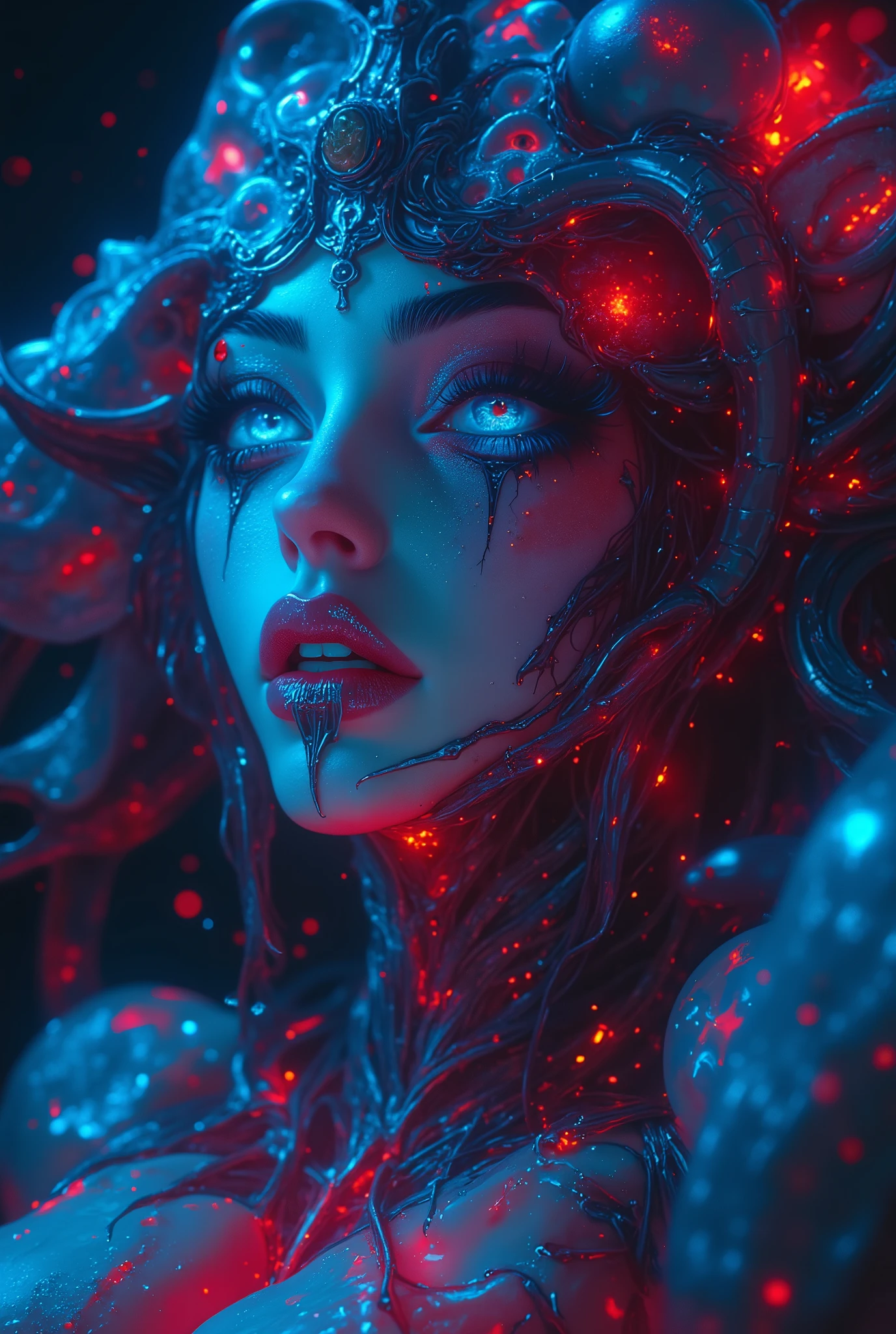 iridescent eyes, scary and sexy detailed art in color, Portrait, (beautiful and obscene female alien:1.4), (vulgarity1.7), (Translucent white skin:1.4), (There is a female genital-like organ in the middle of the forehead:2.3), (The most beautiful face in the history of the universe:1.2), an evil gaze that seduces, (sharp teeth like a vampire:1.0), Full body portrait, (bio luminescent:1.2),(Lots of translucent tentacles:1.3) , Vivrant Colored, Neon Colored, in the deep sea