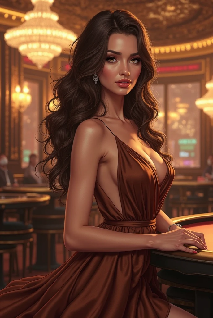 Masterpiece, art, young beautiful woman, flawless skin, smooth skin, very large firm breasts, perfect proportions, in a casino in Las Vagas, luxury, lifestyle, diamond jewelry, golden evening dress, she is sitting on a black-jack table, she has her legs spread wide, her pussy is visible, anime, sexy, erotic, UHD resolution, realistic detail, realistic reflections, realistic shadows, 3D, 
