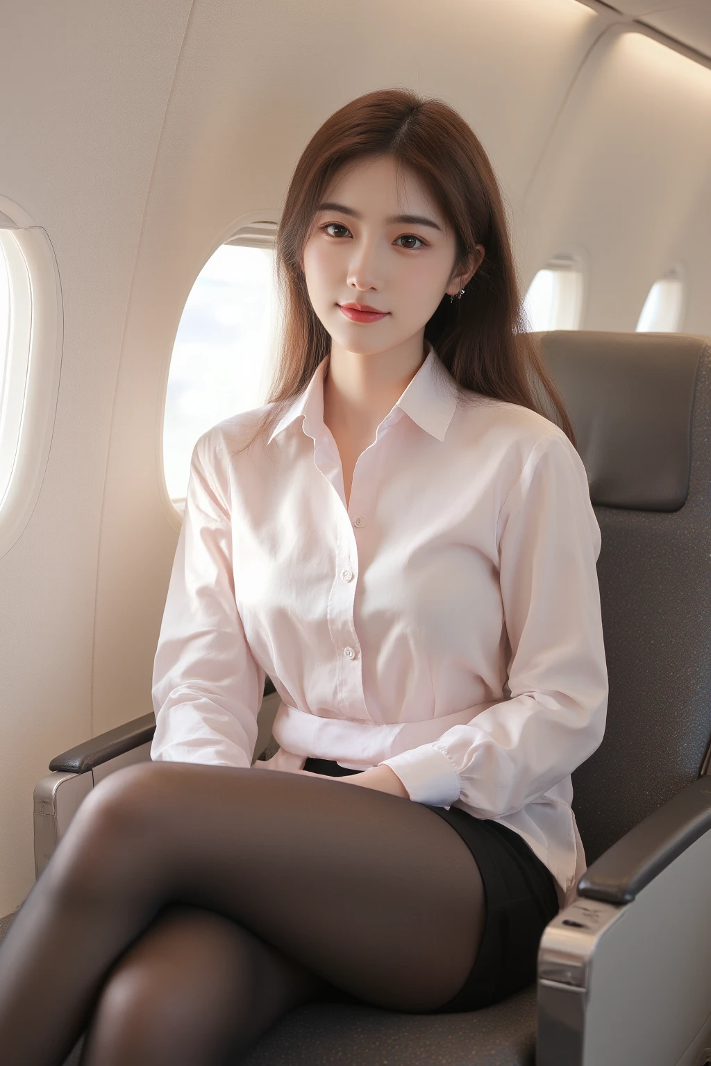 masterpiece, best quality, extremely detailed, hyperrealistic, photorealistic, a beautiful 20s french model, from side, a shot from head to knee:1.1, in airplane:1.1, sitting a seat, pink long sleeve shirt:1.2, ultra detailed face, super short hair, blonde hair, pale skin, busty breasts, smiling

