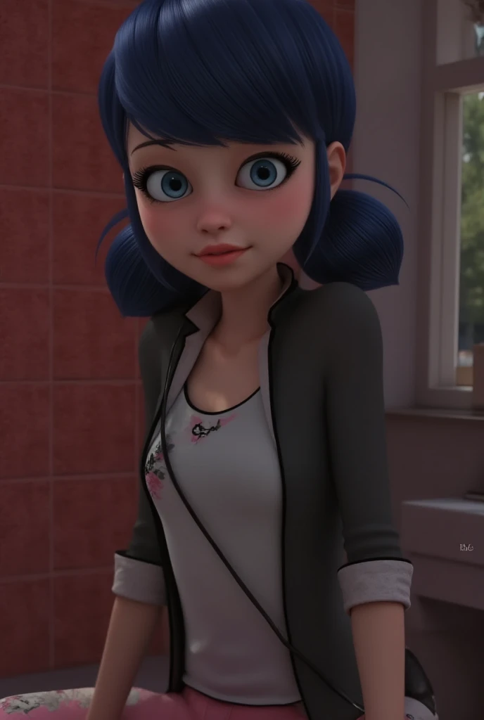pov, Marinette Dupain-Cheng from Miraculous, white shirt, black jacket, handjob, slim, dark-blue hair, short pigtails, foreskin, 3d