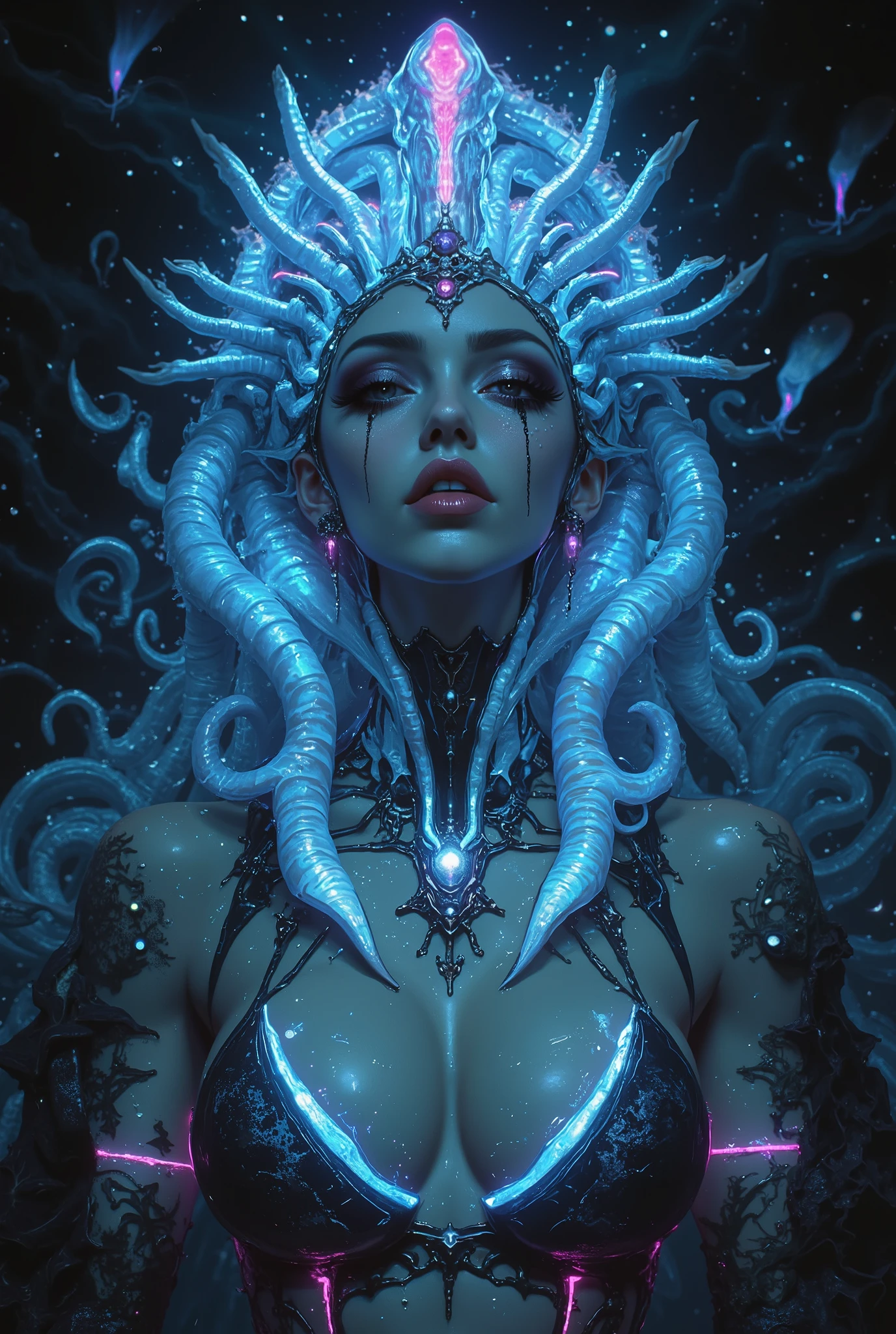 iridescent eyes, scary and sexy detailed art in color, Portrait, (beautiful and obscene female alien:1.4), (vulgarity1.7), (Translucent white skin:1.4), (There is a female genital-like organ in the middle of the forehead:2.3), (The most beautiful face in the history of the universe:1.2), an evil gaze that seduces, (sharp teeth like a vampire:1.0), Full body portrait, (bio luminescent:1.2),(Lots of translucent tentacles:1.3) , Vivrant Colored, Neon Colored, in the deep sea