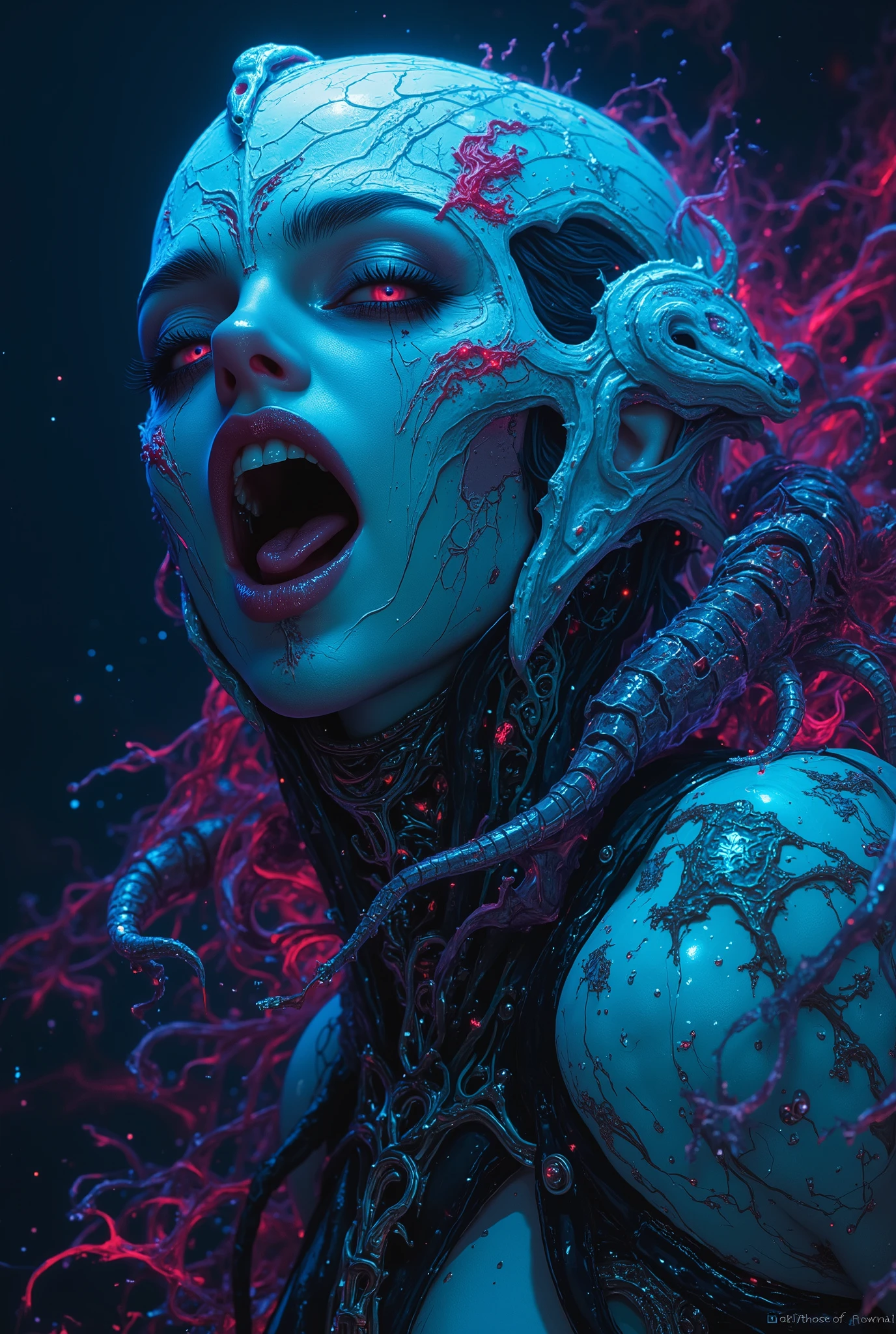 iridescent eyes, scary and sexy detailed art in color, Portrait, (beautiful and obscene female alien:1.4), (vulgarity1.7), (Translucent white skin:1.4), (There is a female genital-like organ in the middle of the forehead:2.3), (The most beautiful face in the history of the universe:1.2), an evil gaze that seduces, (sharp teeth like a vampire:1.0), Full body portrait, (bio luminescent:1.2),(Lots of translucent tentacles:1.3) , Vivrant Colored, Neon Colored, in the deep sea