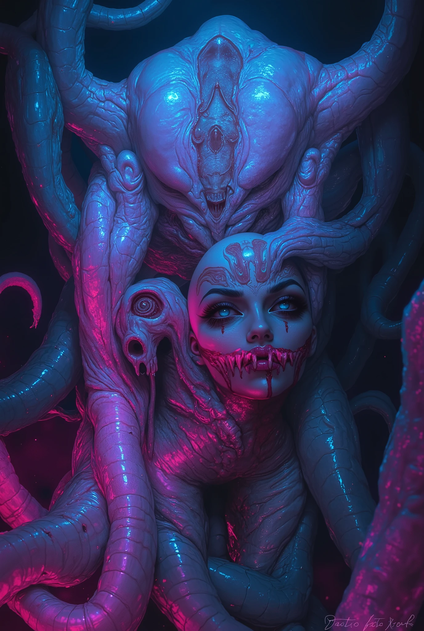 iridescent eyes, scary and sexy detailed art in color, Portrait, (beautiful and obscene female alien:1.4), (vulgarity1.7), (Translucent white skin:1.4), (There is a female genital-like organ in the middle of the forehead:2.3), (The most beautiful face in the history of the universe:1.2), an evil gaze that seduces, (sharp teeth like a vampire:1.0), Full body portrait, (bio luminescent:1.2),(Lots of translucent tentacles:1.3) , Vivrant Colored, Neon Colored, in the deep sea
