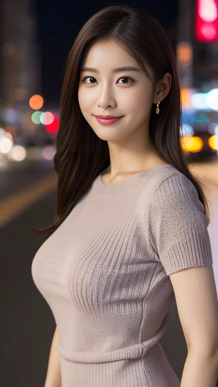(RAW photo), (Realistic), (photo-realistic), ultra high resolution, masterpiece, highest quality, portrait, facial portrait, perfect lighting, detailed lighting, dramatic shadow, ray tracing, 1 Japanese beautiful mature lady, 40 years old, Voluptuous, cleavage, plump body type, symmetrical eyes, beautiful detailed brown eyes, chubby lips, red lips, Super high resolution perfect beautiful teeth, big tits, big ass, big thick thighs, abs, muscle, long wavy hair, black hair, earrings, half open mouth, smiling, looking at viewer, (V-neck Sweater:1.2), (Tight mini skirt:1.2), revealing clothing, Japanese street,