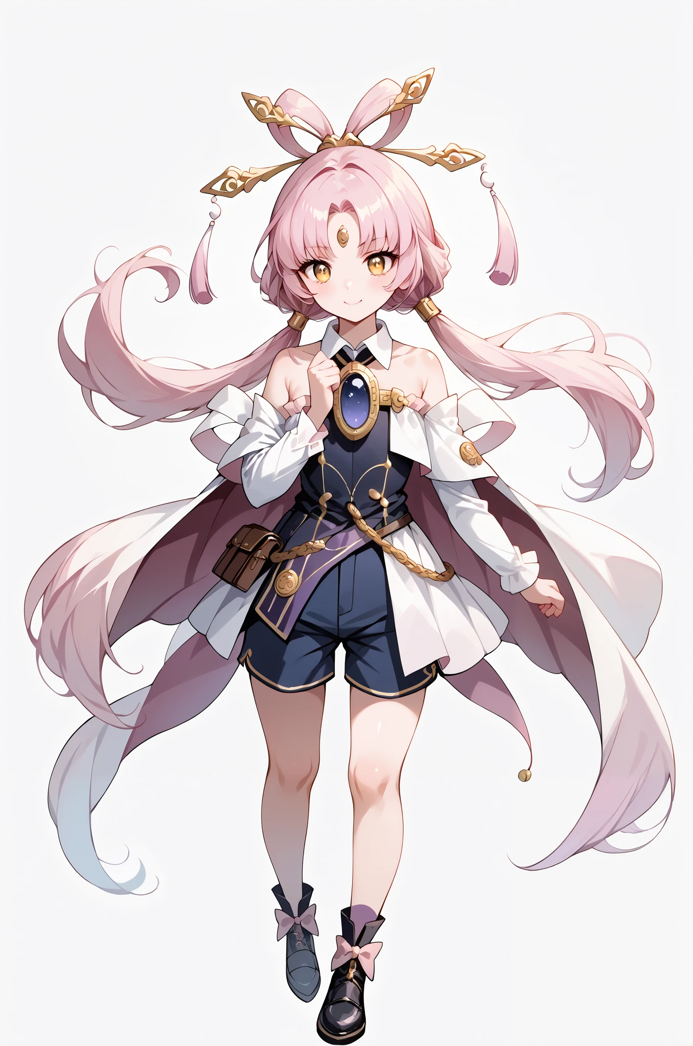 score_9, score_8_up, score_7_up, source_anime, 4K,perfect fingers,(perfect hands, perfect anatomy),prefect lighting, very aesthetic, intricate details,highly detailed background, masterpiece, high quality, best quality,
1girl,solo,fu xuan, pink hair, yellow eyes, shoulders, parted bangs, twin tails, bow-shaped hair, low twintails,Large ,
wearing ((collared cape, long sleeves, shorts, )),,
((White plain background:1.5)) , looking at viewer, (perfect hands, perfect ), fullbody,Stand up,((front look:1.5)), shy smiley face, smiles shyly,