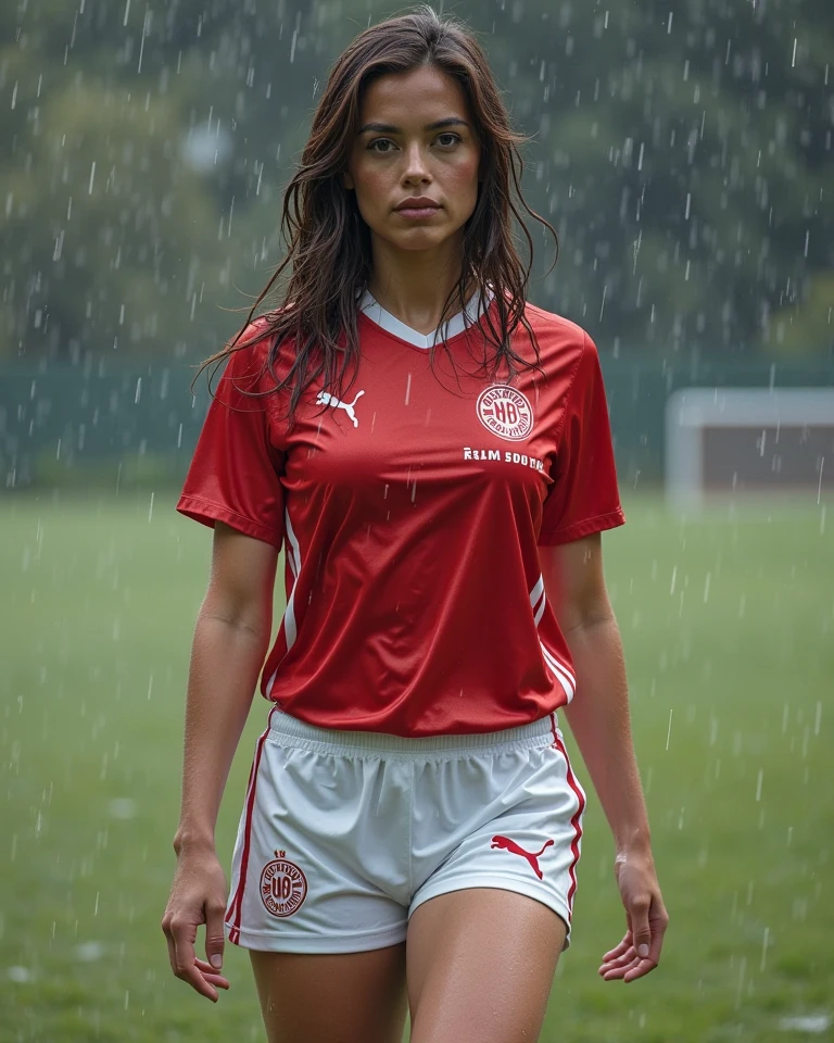 (8K, Raw photo, Best Quality, masutepiece:1.2), (Realistic, Photorealsitic:1.37),1 brunette girl,Beautiful Albanian,Powerful, (Solo),A detailed face, Dramatic Angle,
Red Albanian football/soccer Uniforms ,Sports, Look away,Sporty,Wet skin,Sweat,perfect breasts,perfect legs,soccer Venues,