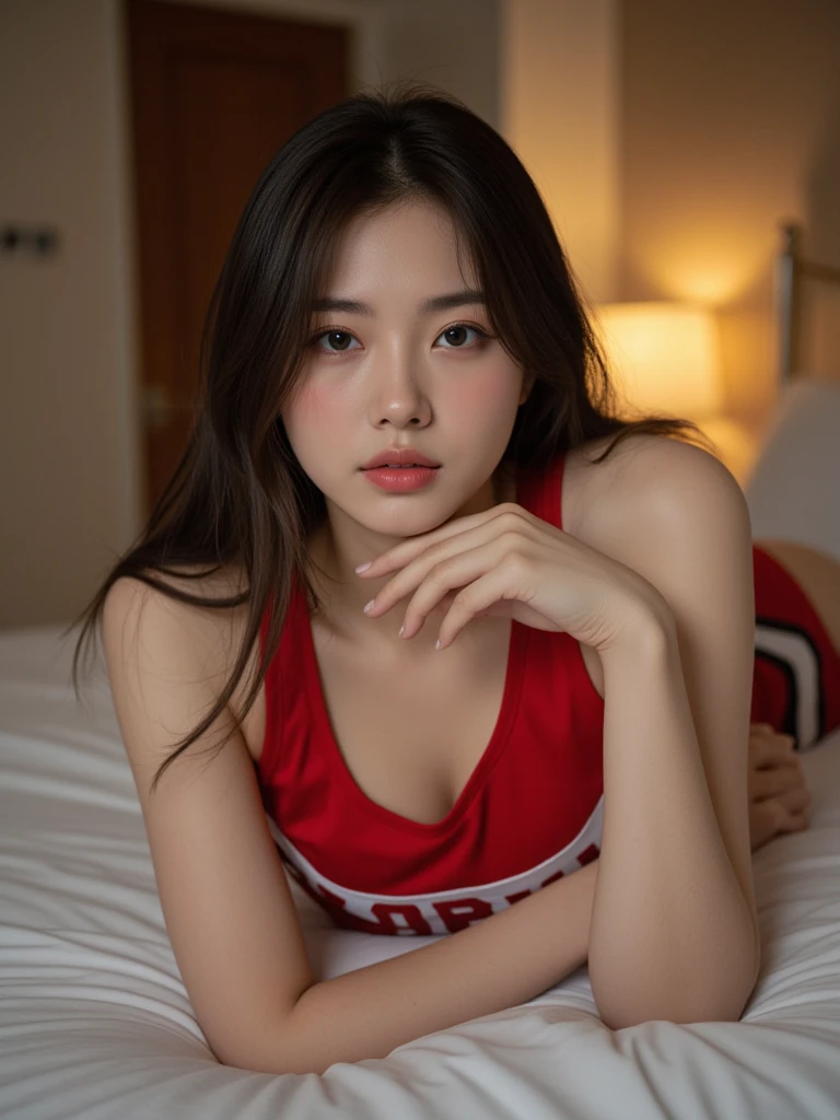 ((最high quality, 8K, masterpiece: 1.3, Ultra HD, high quality, 最high quality, High resolution, realism)) 、Very beautiful 22 year old Caucasian woman、Hair Color: Blonde、Blue Idium Hair、Straight hair、smile、Slim but well-proportioned body、Athlete-like figure、I want to keep my head out of the screen.、Wear accessories on your wrist、Put an anklet on your ankle、Wearing red nail polish、Having a pedicure、Being a cheerleader、Hold pom-poms and wave your hands in the air, They dance the cheer dance