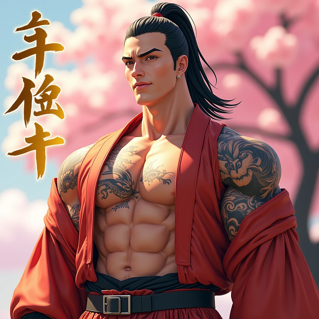 photorealistic, (40 years old), japanese man, beard, black hair, tattoo, hanzo \(overwatch\), realistic, masterpiece, intricate details, detailed background, depth of field