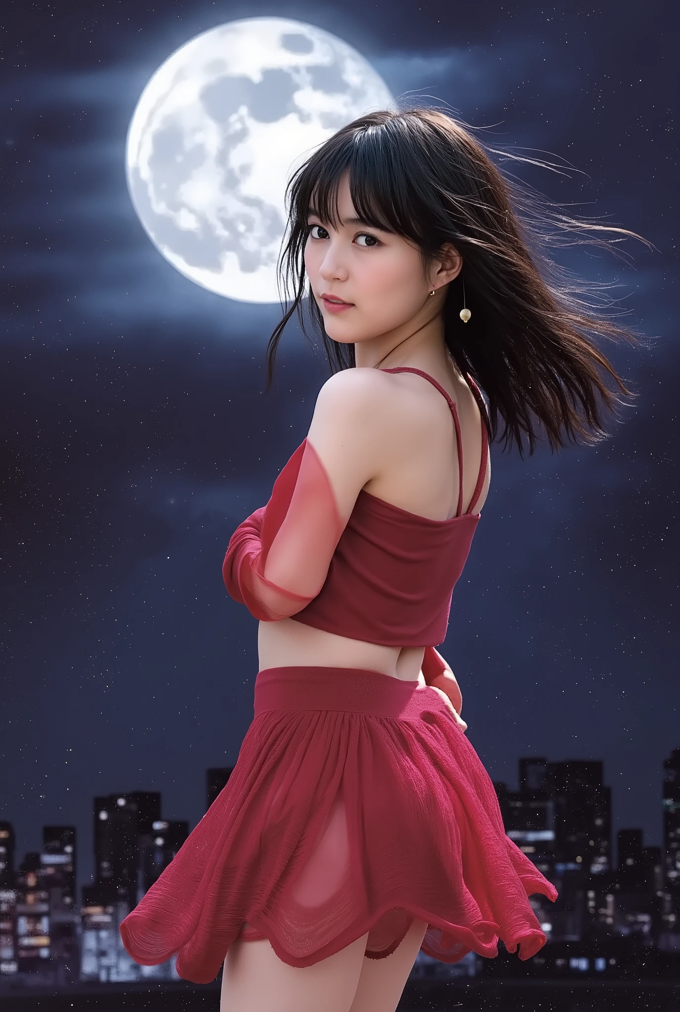 cinematic lighting, super high resolution, masterpiece, accurate, super detailed, Advanced Details, high quality, Award-winning , Highest品質, Highest, 16k, detailed face, realistic textured skin, Sailor Mars, Sailor uniform , The background is a full moon, random pose to China , Actual photo, ( dark hair), (( super long hair)), Big Breasts, red ribbon on her chest , red super mini skirt, A mini skirt fluttering in the wind, red long boots, White long gloves, golden buckle